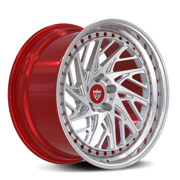 Custom 3-piece wheels with a big lip size-Polished lip and high red barrel-RVRN Custom Fully Forged Brand for any vehicle